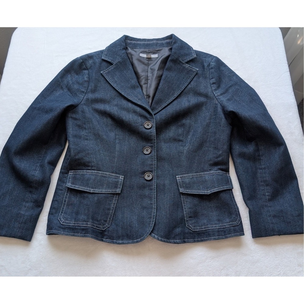 Ann Taylor Dark Wash Denim Blazer Jacket Blue Contrast Stitch Lined Sz 8 Womens
